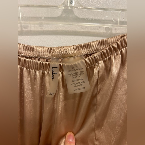 Lulus Sweetest Dreams Gold Satin Ruffled Two-Piece Pajama Set - Picture 9 of 10